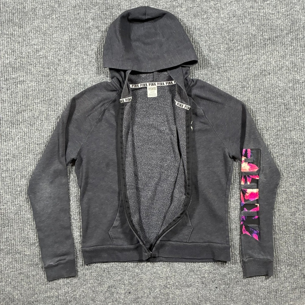 PINK Victoria's Secret Hoodie Womens Large Gray Full Zip Dog Floral Graphic
